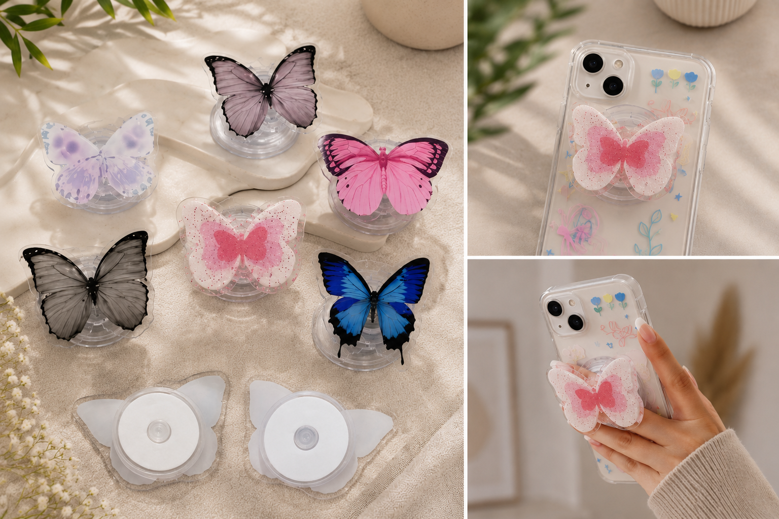 Pink Butterfly Phone Grip & Stand – Cute Acrylic Phone Holder