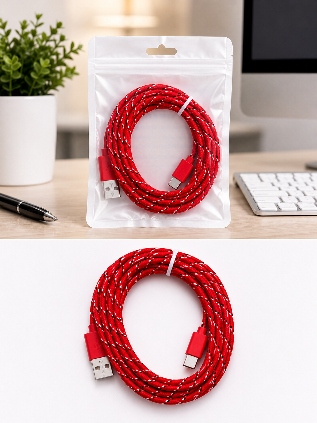 Red 2M Braided USB Type-C Charging Cable – Fast Charging & Data Sync